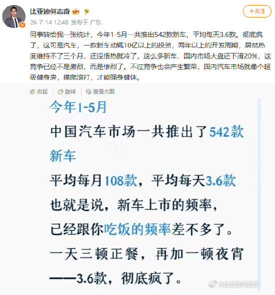 中国汽车市场5个月推出542款新车，比亚迪高管：彻底疯了